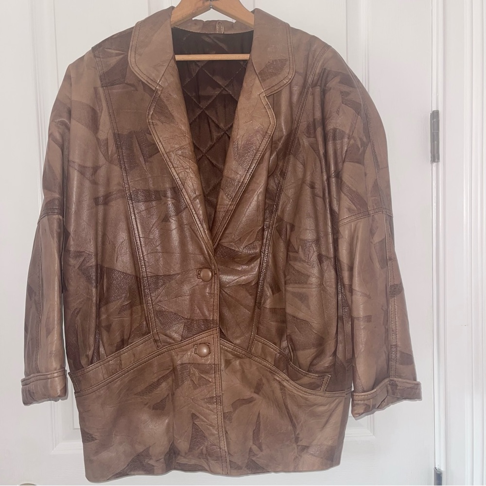 Vintage Vera Pelle multi-brown pattern leather jacket w 3/4 sleeve, size 42